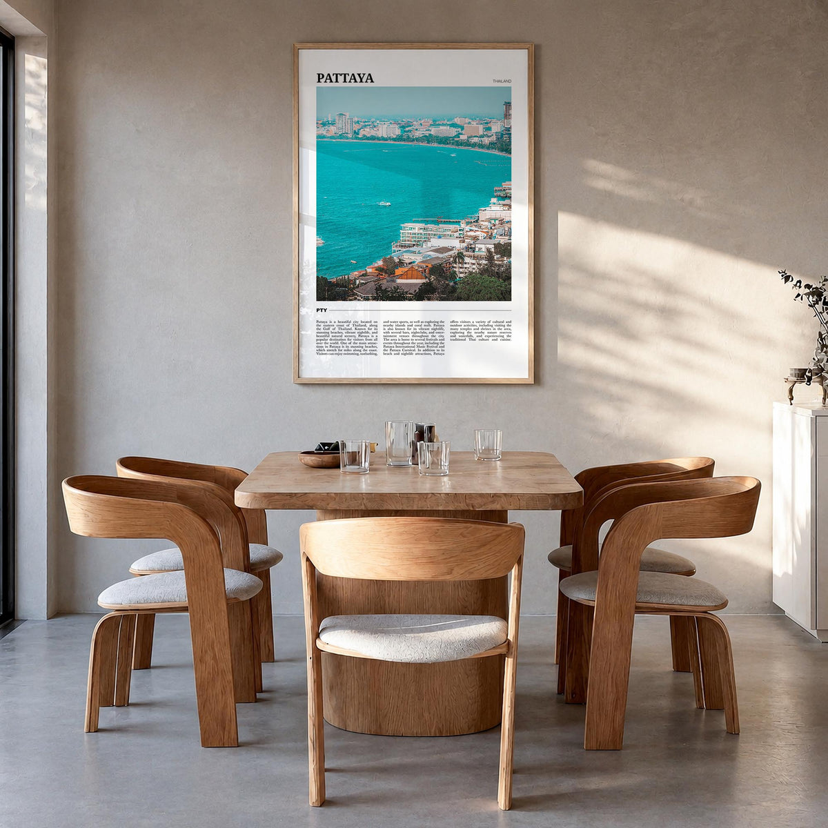 Pattaya colorful travel poster of Thailand – vertical wall art in natural wood frame, hanging on wall