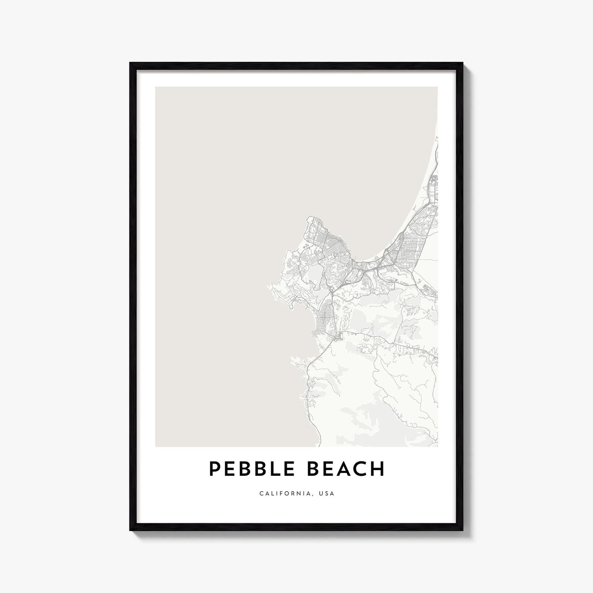 Pebble Beach black & white map poster of California, USA – vertical wall art, unframed print shown in interior mockup