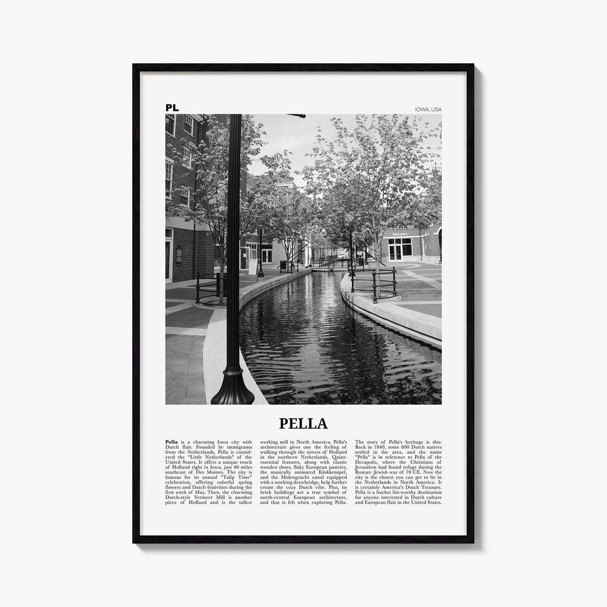 Pella, Iowa black & white newspaper poster of Iowa, USA – vertical wall art, unframed print shown in interior mockup