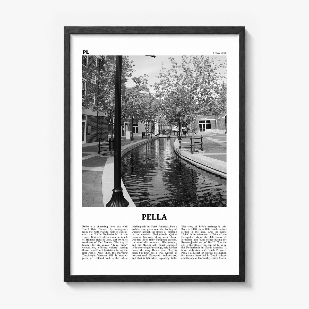 Pella, Iowa Newspaper Poster in a black wood frame