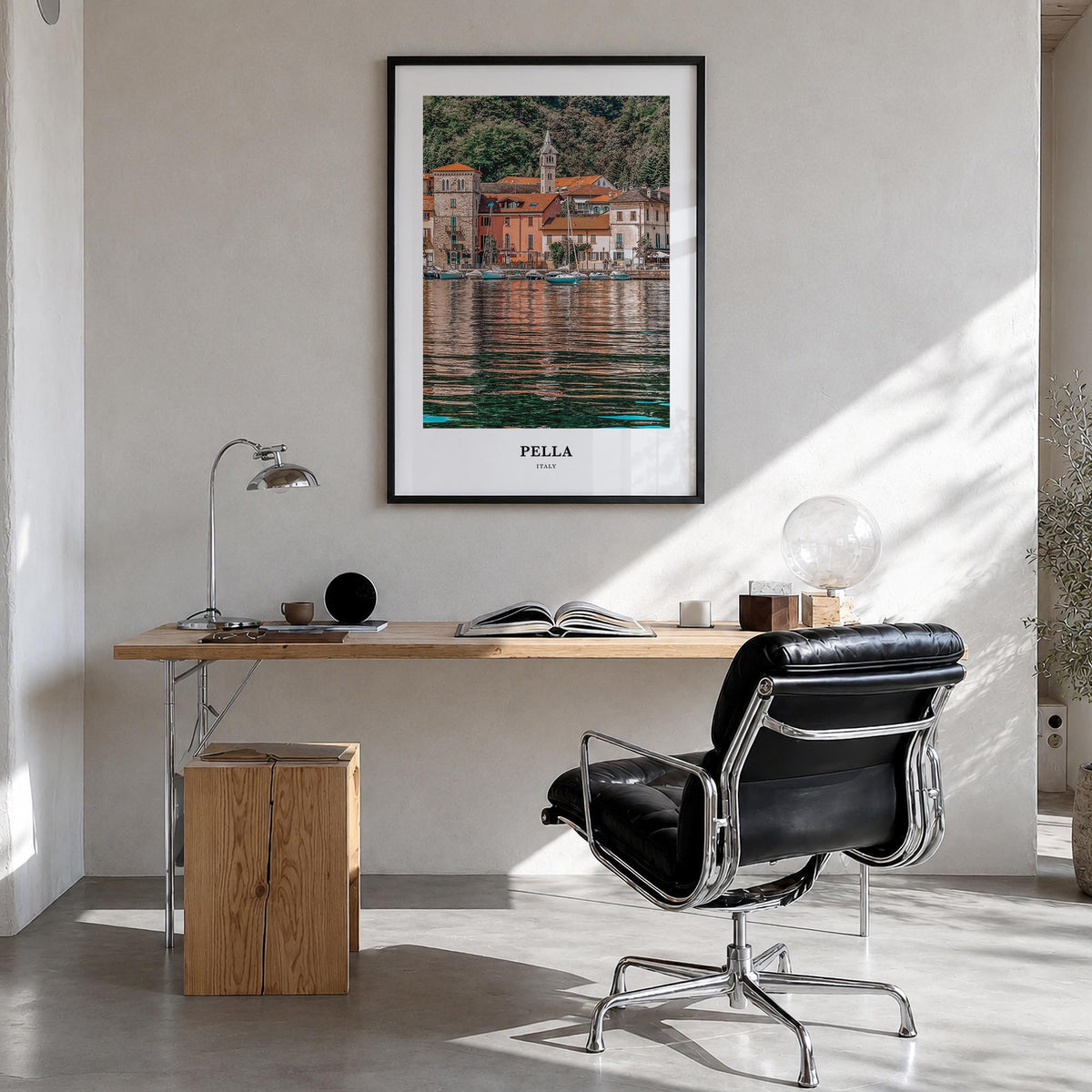 Pella, Italy no. 1 colorful classic poster of Italy – vertical wall art in black wood frame, hanging on wall