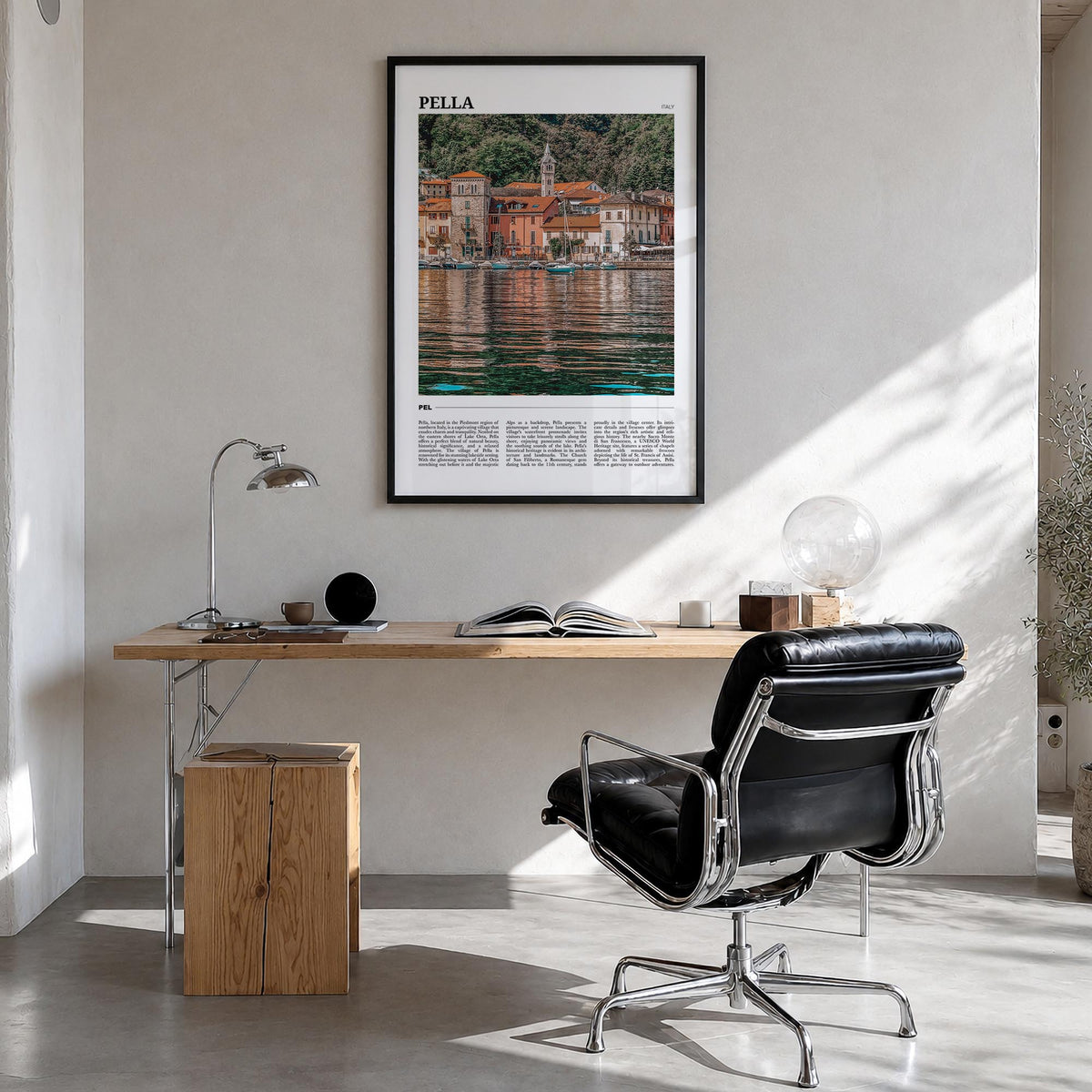 Pella, Italy no. 1 colorful travel poster of Italy – vertical wall art in black wood frame, hanging on wall