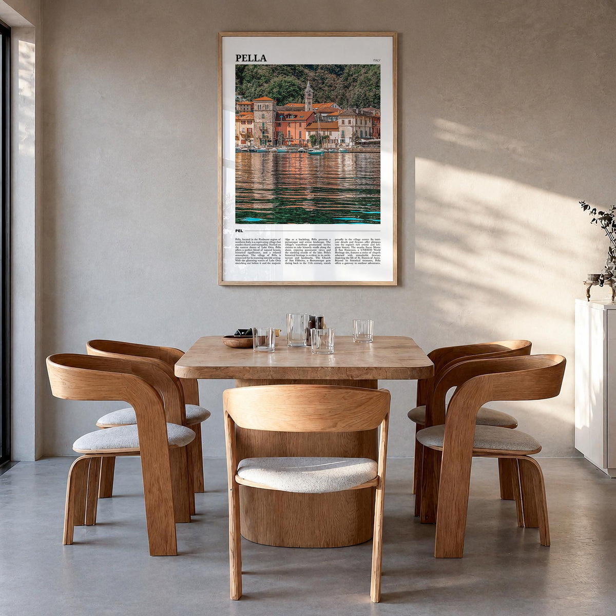 Pella, Italy no. 1 colorful travel poster of Italy – vertical wall art in natural wood frame, hanging on wall