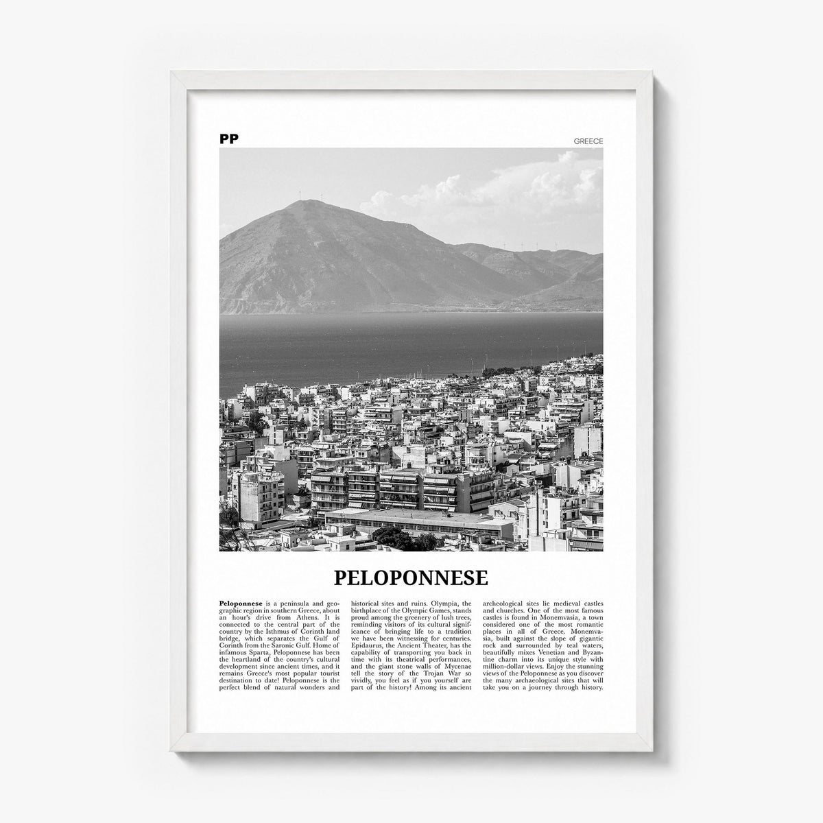 Peloponnese Newspaper Poster in a white wood frame
