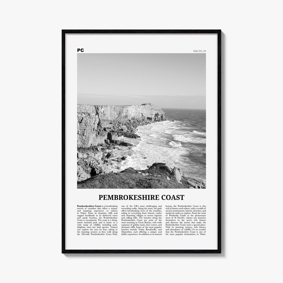 Pembrokeshire Coast black & white newspaper poster of United Kingdom – vertical wall art, unframed print shown in interior mo