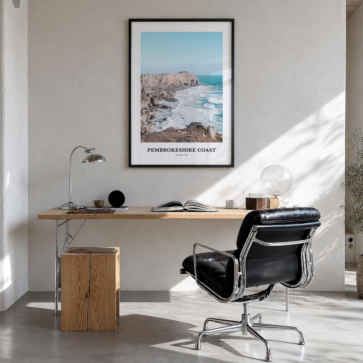Pembrokeshire Coast colorful classic poster of United Kingdom – vertical wall art in black wood frame, hanging on wall