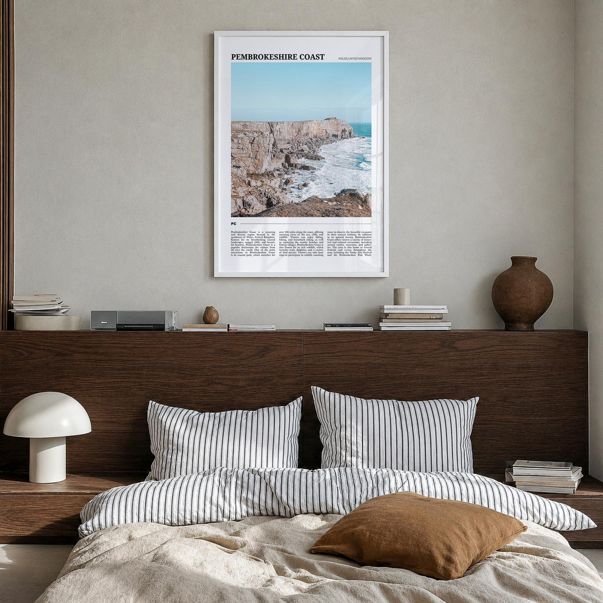 Pembrokeshire Coast colorful travel poster of United Kingdom – vertical wall art in white wood frame, hanging on wall