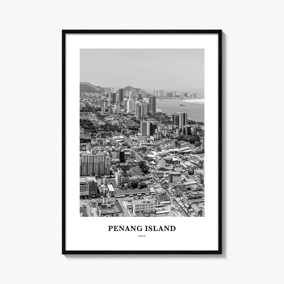 Penang Island black & white classic poster of Malaysia – vertical wall art, unframed print shown in interior mockup