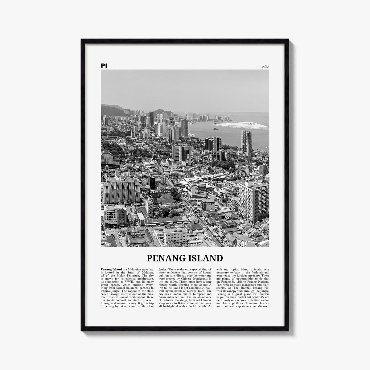 Penang Island black & white newspaper poster of Malaysia – vertical wall art, unframed print shown in interior mockup