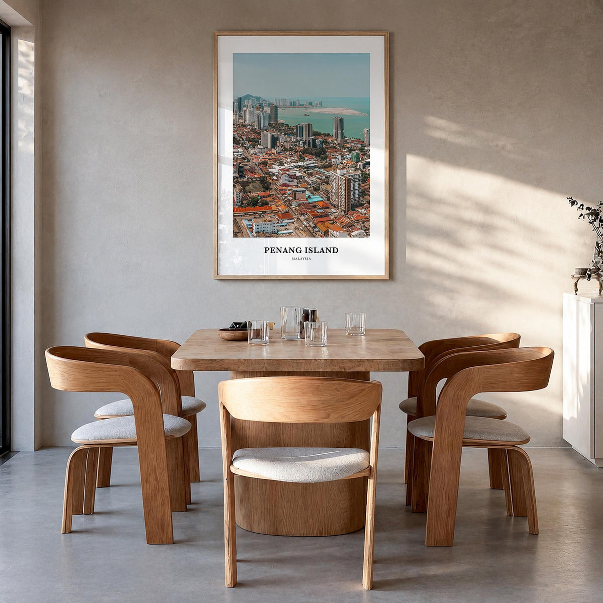 Penang Island colorful classic poster of Malaysia – vertical wall art in natural wood frame, hanging on wall