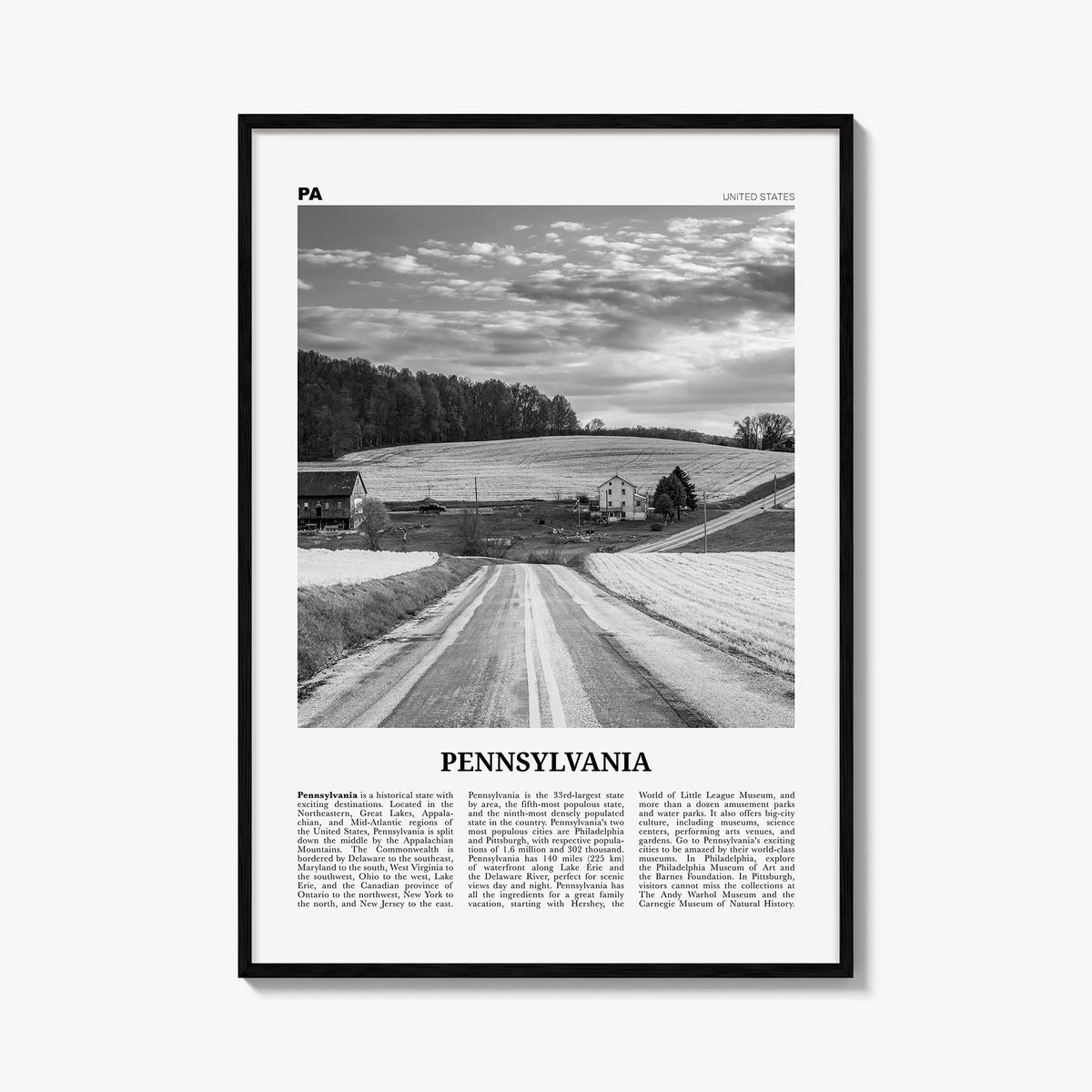 Pennsylvania no. 1 black & white newspaper poster of United States – vertical wall art, unframed print shown in interior mock
