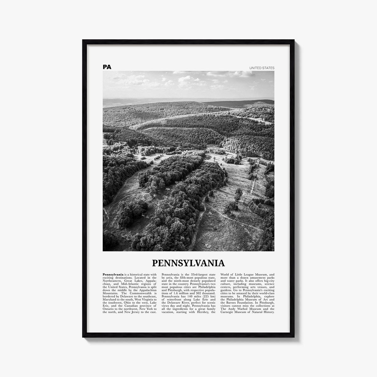 Pennsylvania no. 2 black & white newspaper poster of United States – vertical wall art, unframed print shown in interior mock