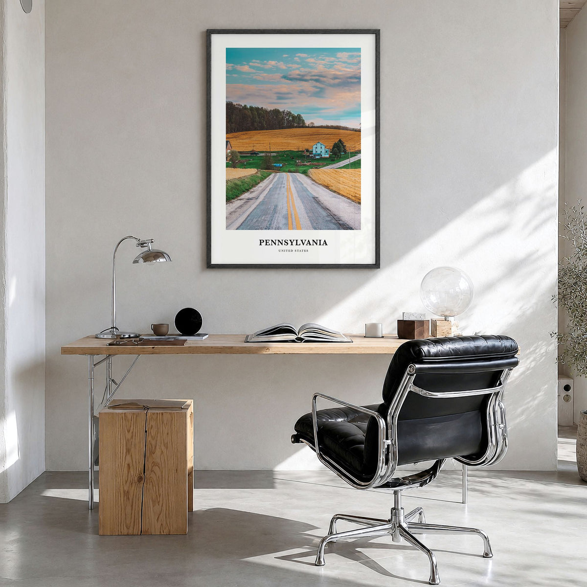 Pennsylvania Classic Poster in a black wood frame, hanging in a bright home office