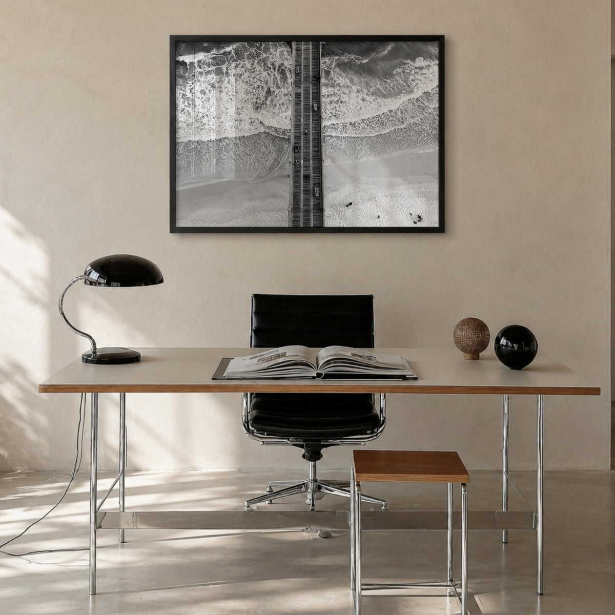 Pensacola black & white photo poster of Florida, USA – horizontal wall art in black wood frame, hanging on wall