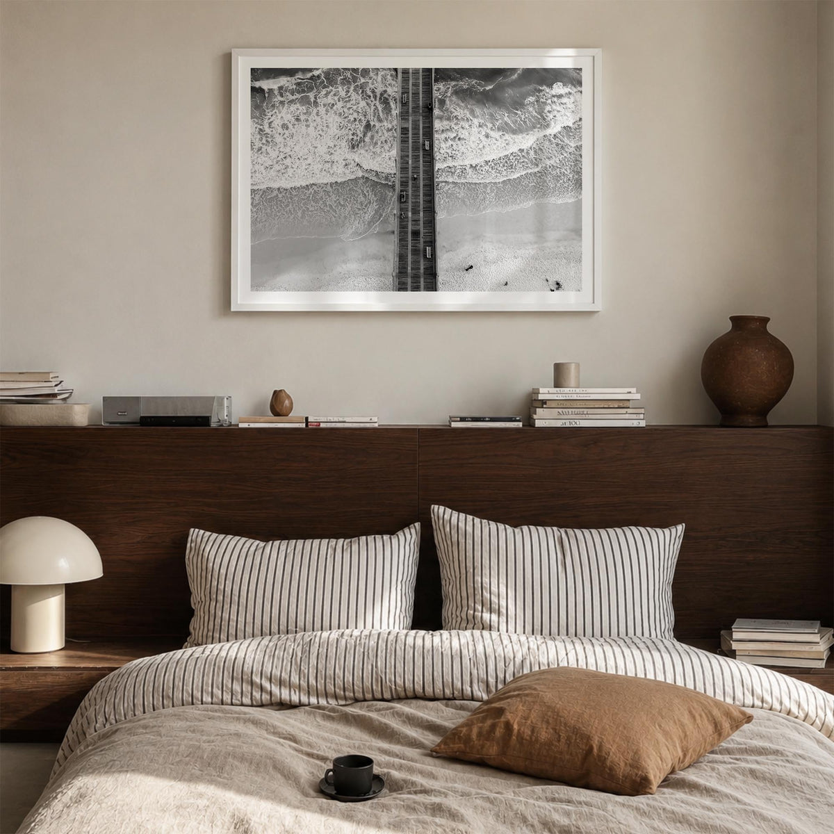Pensacola black & white photo poster of Florida, USA – horizontal wall art in white wood frame with white border, hanging on