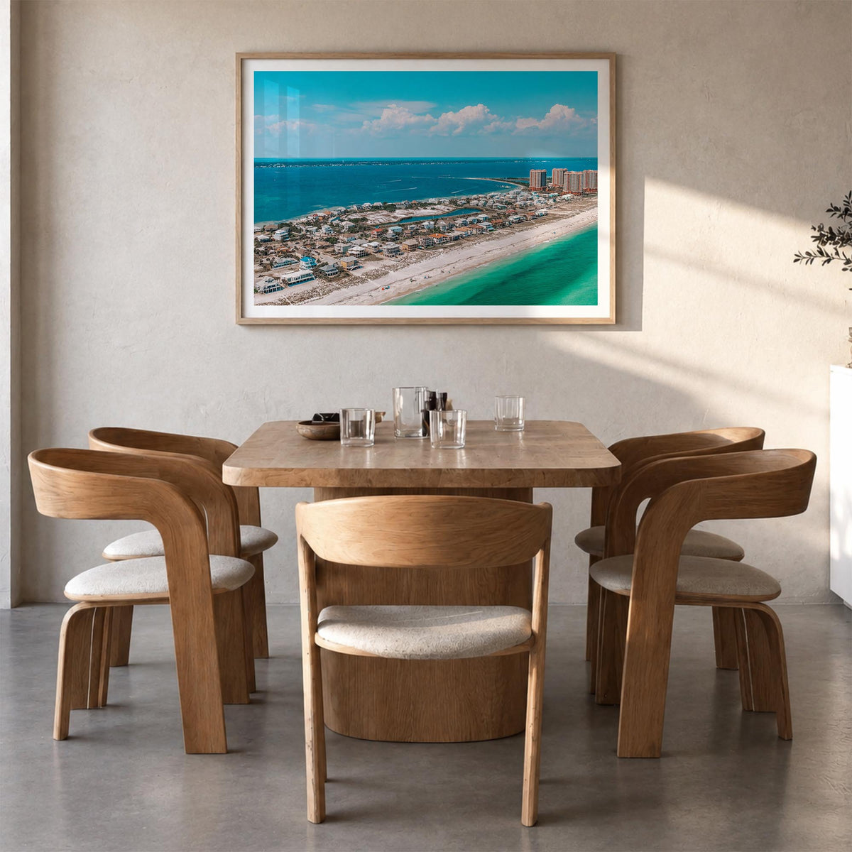 Pensacola colorful photo poster of Florida, USA – horizontal wall art in natural wood frame with white border, hanging on wal