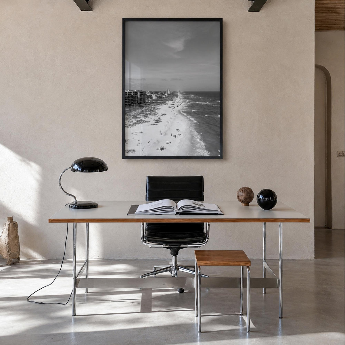 Pensacola no. 1 black & white photo poster of Florida, USA – vertical wall art in black wood frame, hanging on wall
