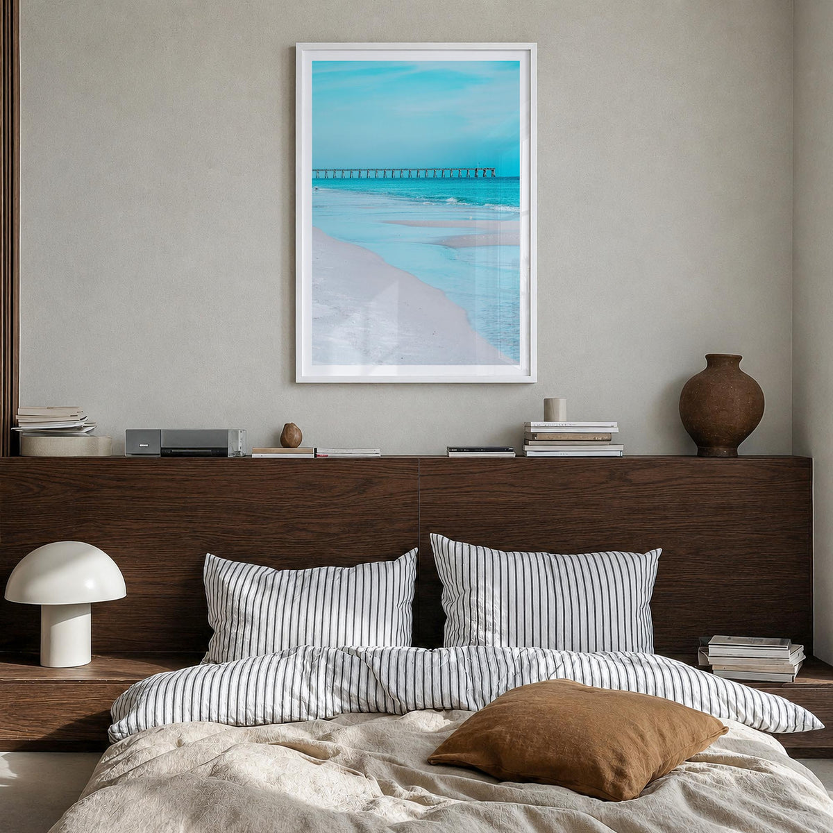 Pensacola no. 1 colorful photo poster of Florida, USA – vertical wall art in white wood frame with white border, hanging on w