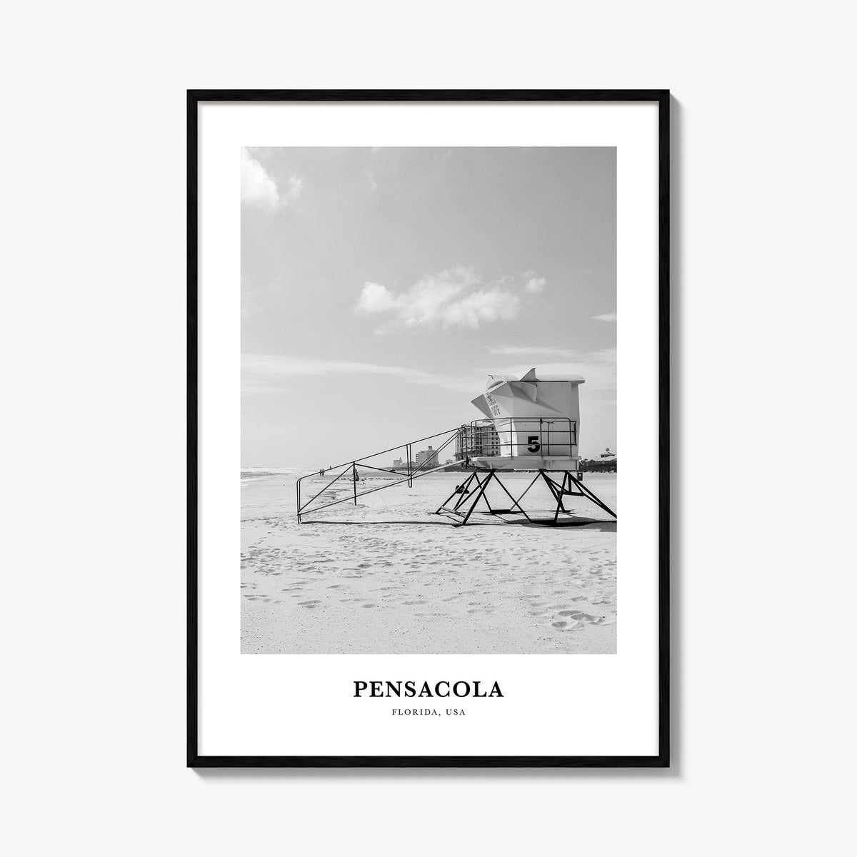 Pensacola no. 2 black & white classic poster of Florida, USA – vertical wall art, unframed print shown in interior mockup