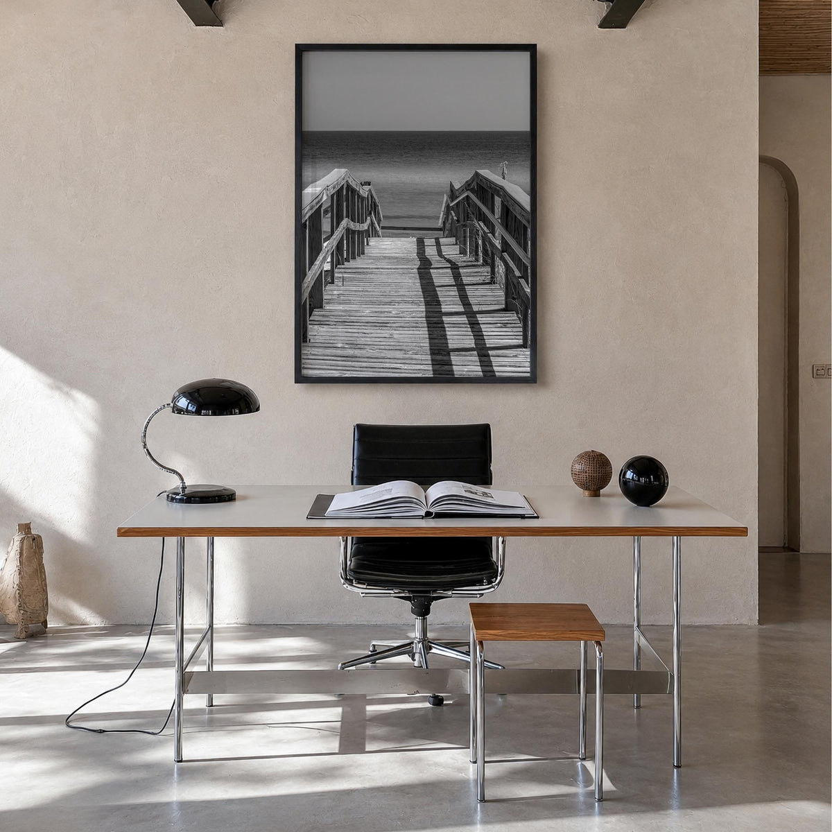 Pensacola no. 2 black & white photo poster of Florida, USA – vertical wall art in black wood frame, hanging on wall