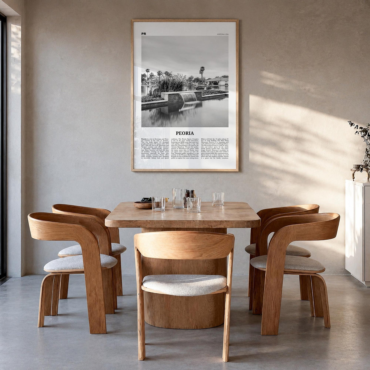Peoria, Arizona black & white newspaper poster of Arizona, USA – vertical wall art in natural wood frame, hanging on wall