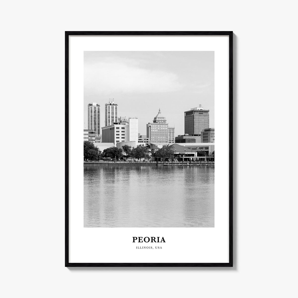 Peoria, Illinois black & white classic poster of Illinois, USA – vertical wall art, unframed print shown in interior mockup