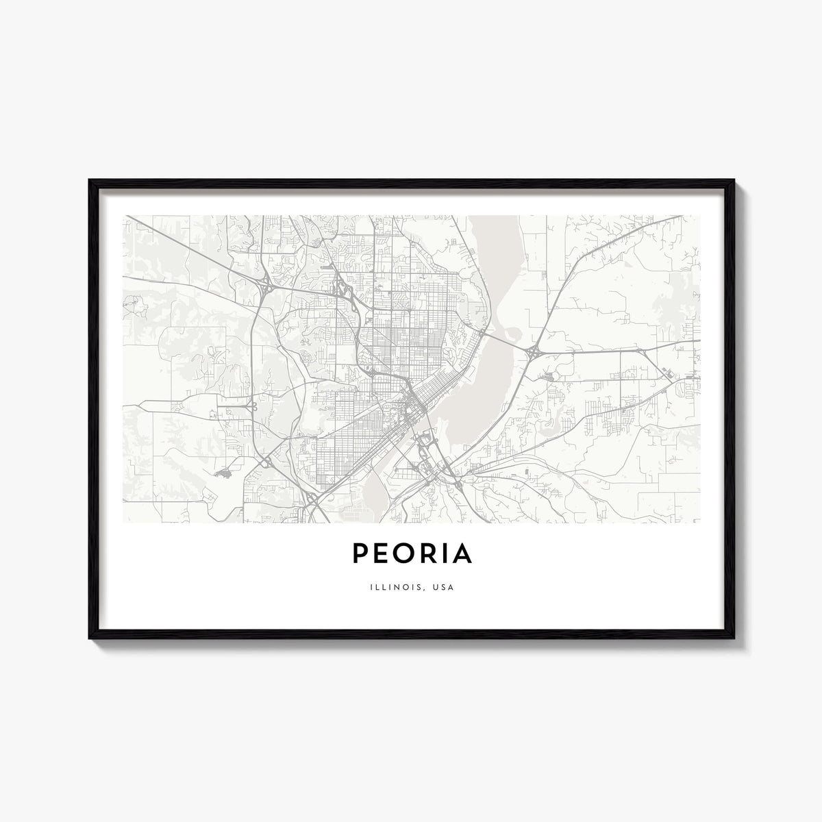 Peoria, Illinois black & white map poster of Illinois, USA – horizontal wall art, unframed print shown in interior mockup