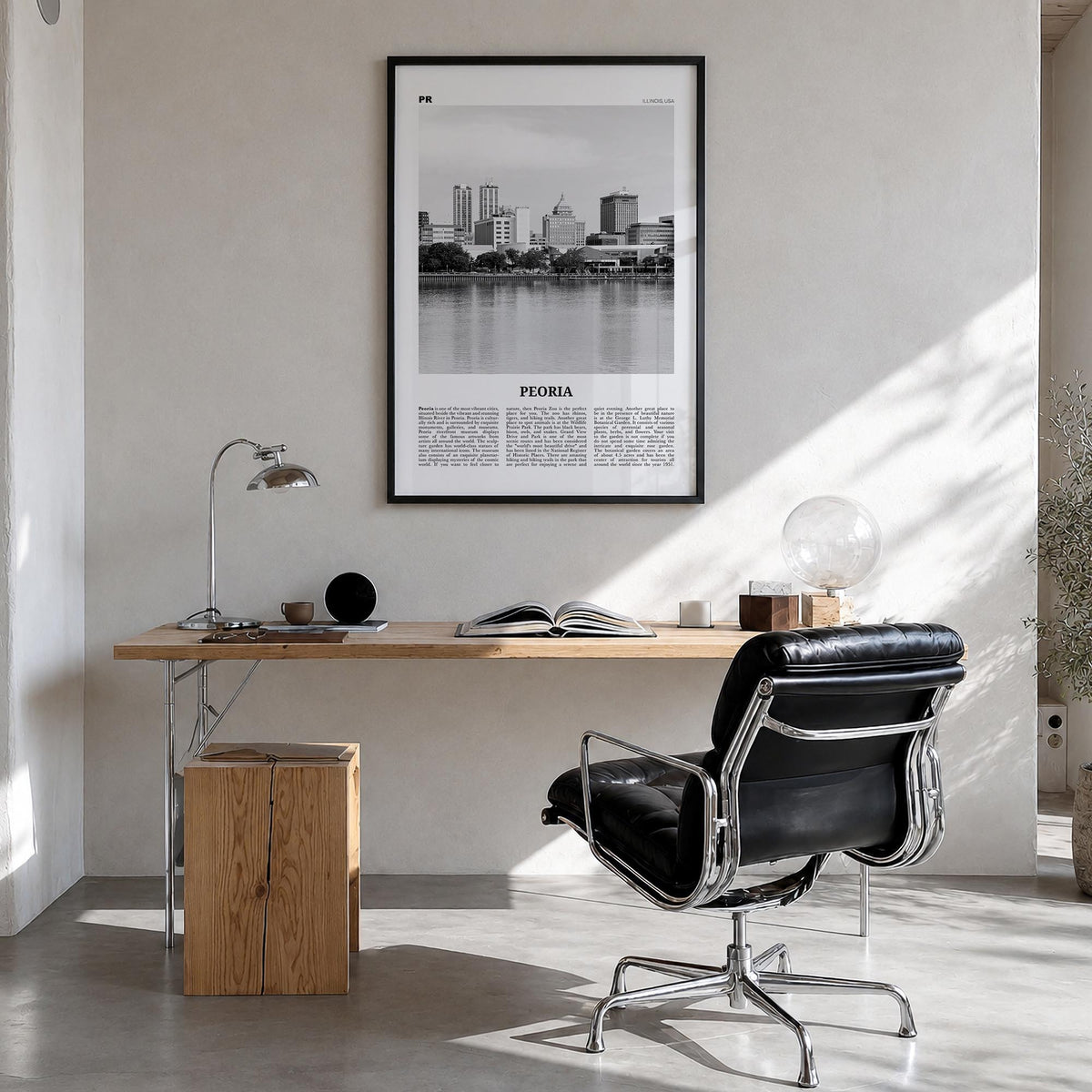 Peoria, Illinois black & white newspaper poster of Illinois, USA – vertical wall art in black wood frame, hanging on wall