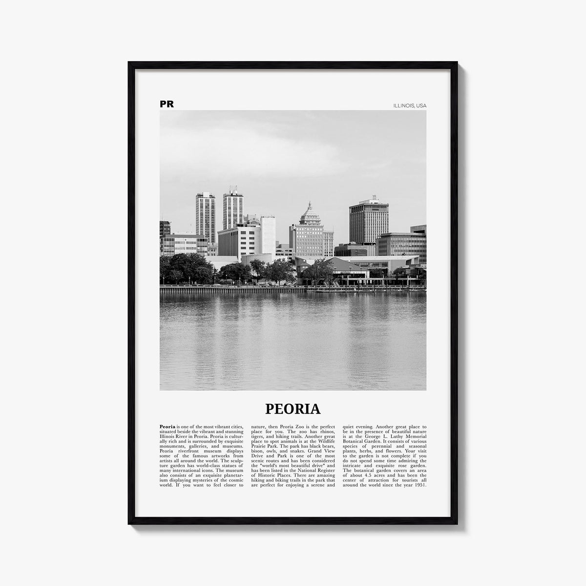 Peoria, Illinois black & white newspaper poster of Illinois, USA – vertical wall art, unframed print shown in interior mockup