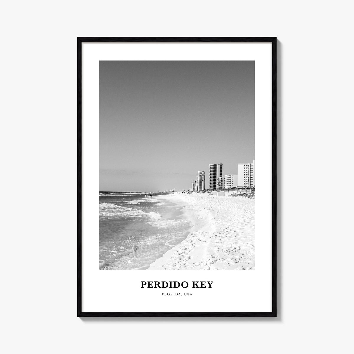 Perdido Key black & white classic poster of Florida, USA – vertical wall art, unframed print shown in interior mockup