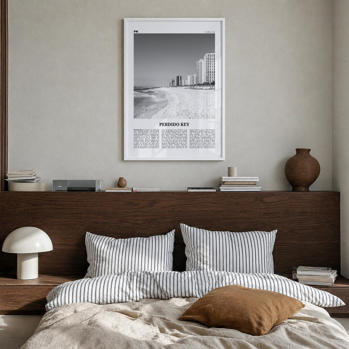Perdido Key black & white newspaper poster of Florida, USA – vertical wall art in white wood frame, hanging on wall