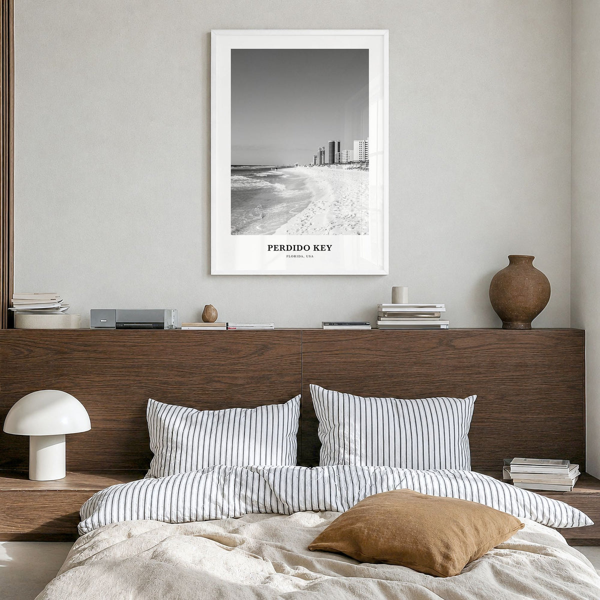 Perdido Key Classic Poster in a white wood frame, hanging in a bedroom