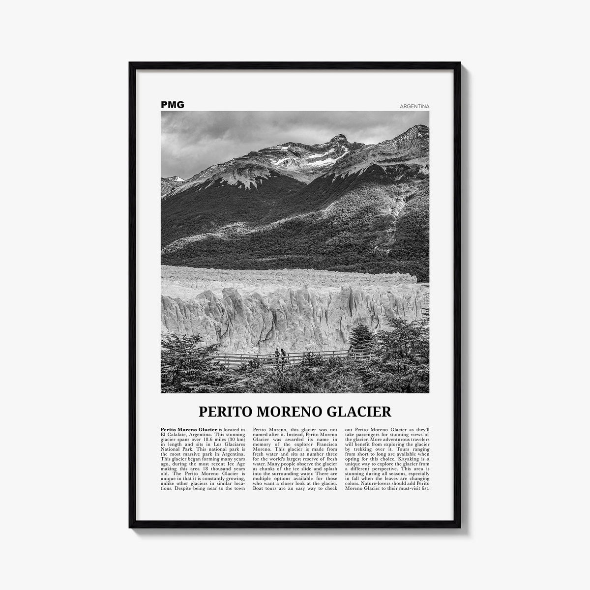 Perito Moreno Glacier black & white newspaper poster of Argentina – vertical wall art, unframed print shown in interior mocku