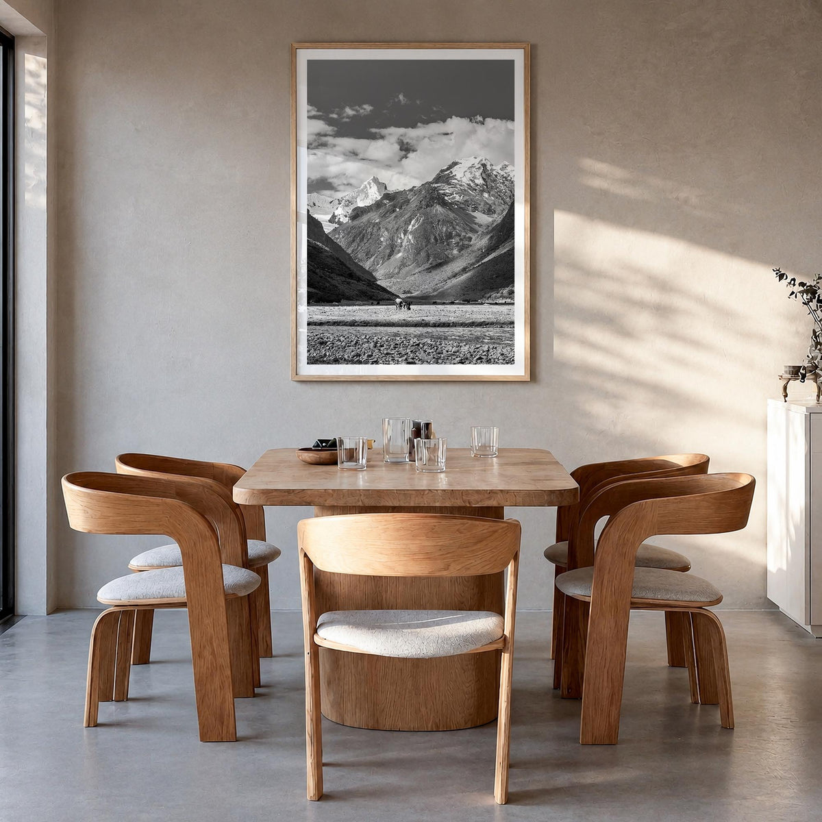 Peru black & white photo poster of South America – vertical wall art in natural wood frame with white border, hanging on wall