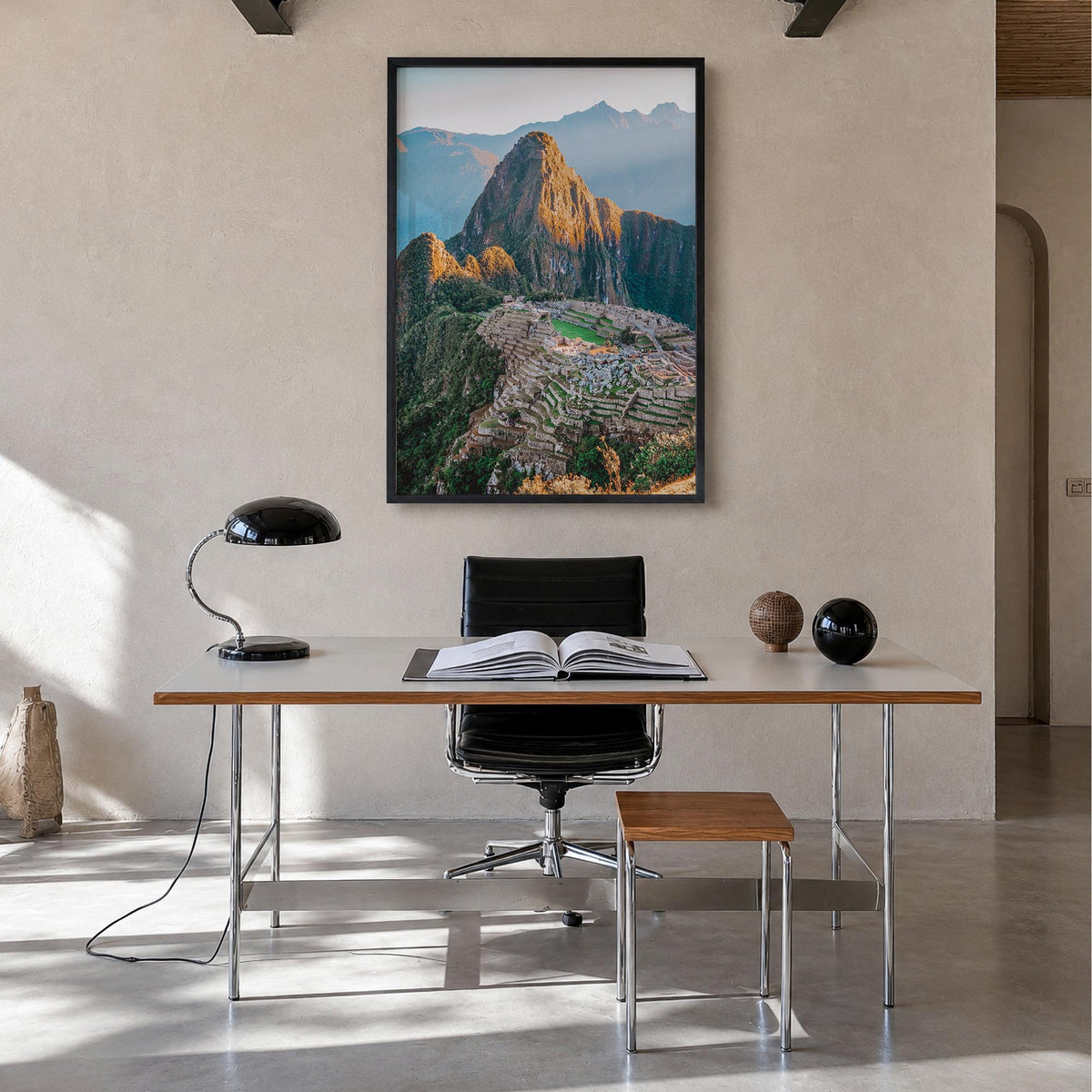Peru colorful photo poster of South America – vertical wall art in black wood frame, hanging on wall