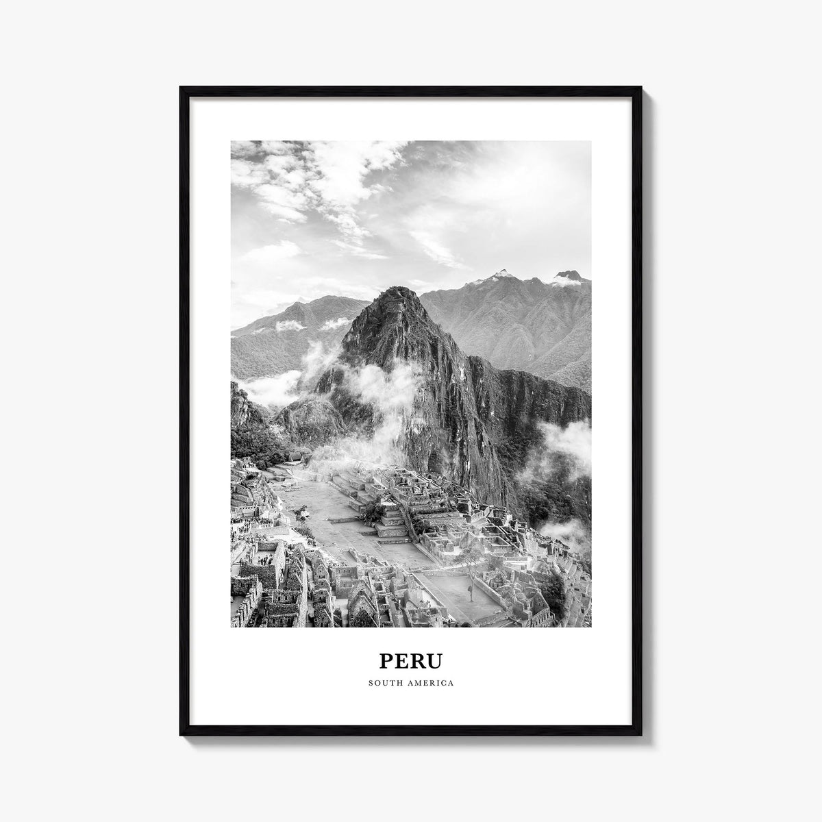 Peru no. 1 black & white classic poster of South America – vertical wall art, unframed print shown in interior mockup