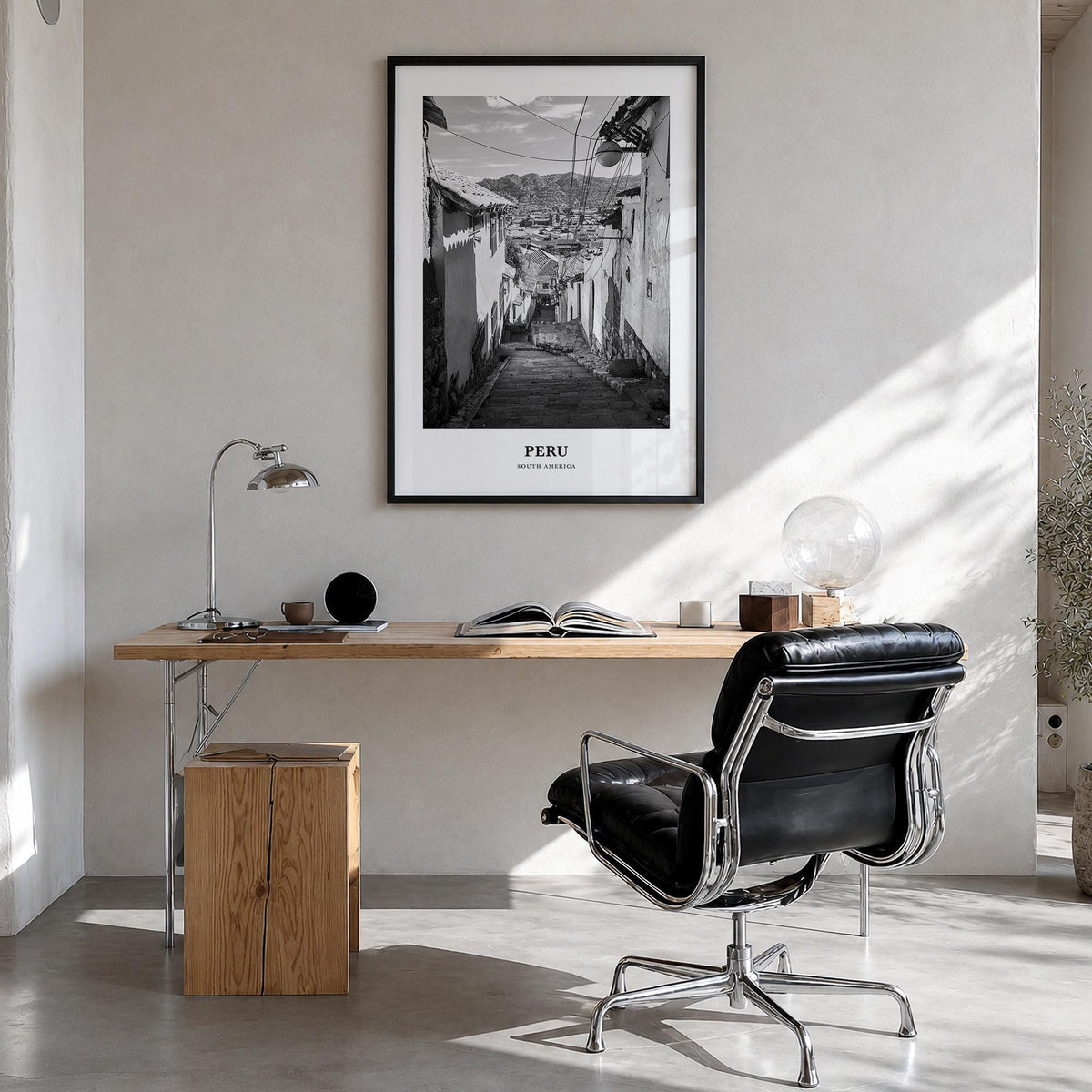 Peru no. 2 black & white classic poster of South America – vertical wall art in black wood frame, hanging on wall