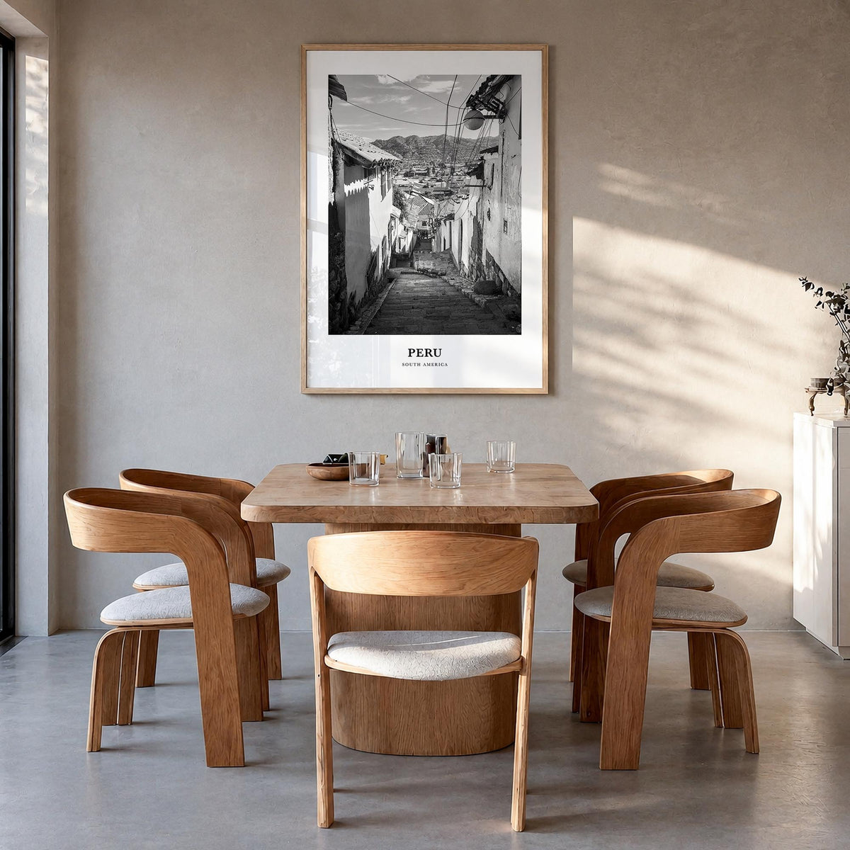 Peru no. 2 black & white classic poster of South America – vertical wall art in natural wood frame, hanging on wall