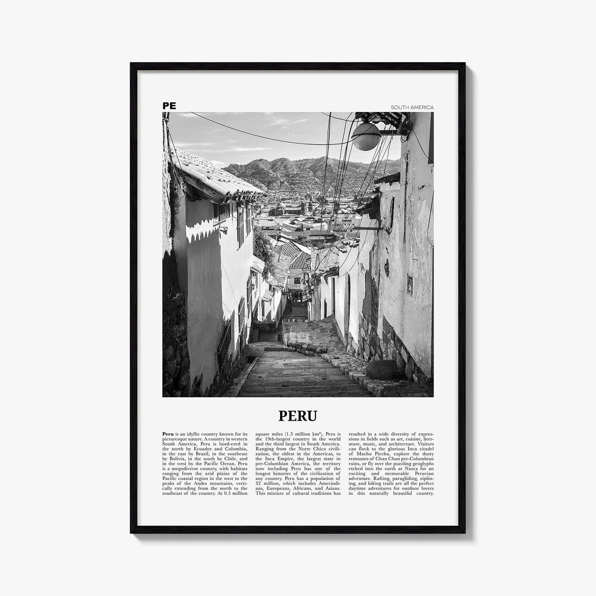Peru no. 2 black & white newspaper poster of South America – vertical wall art, unframed print shown in interior mockup