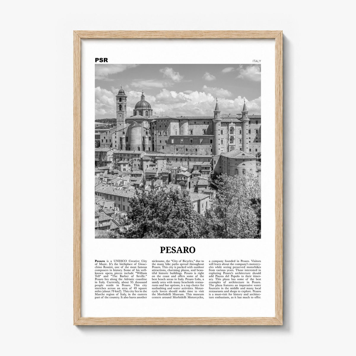 Pesaro Newspaper Poster in a natural wood frame