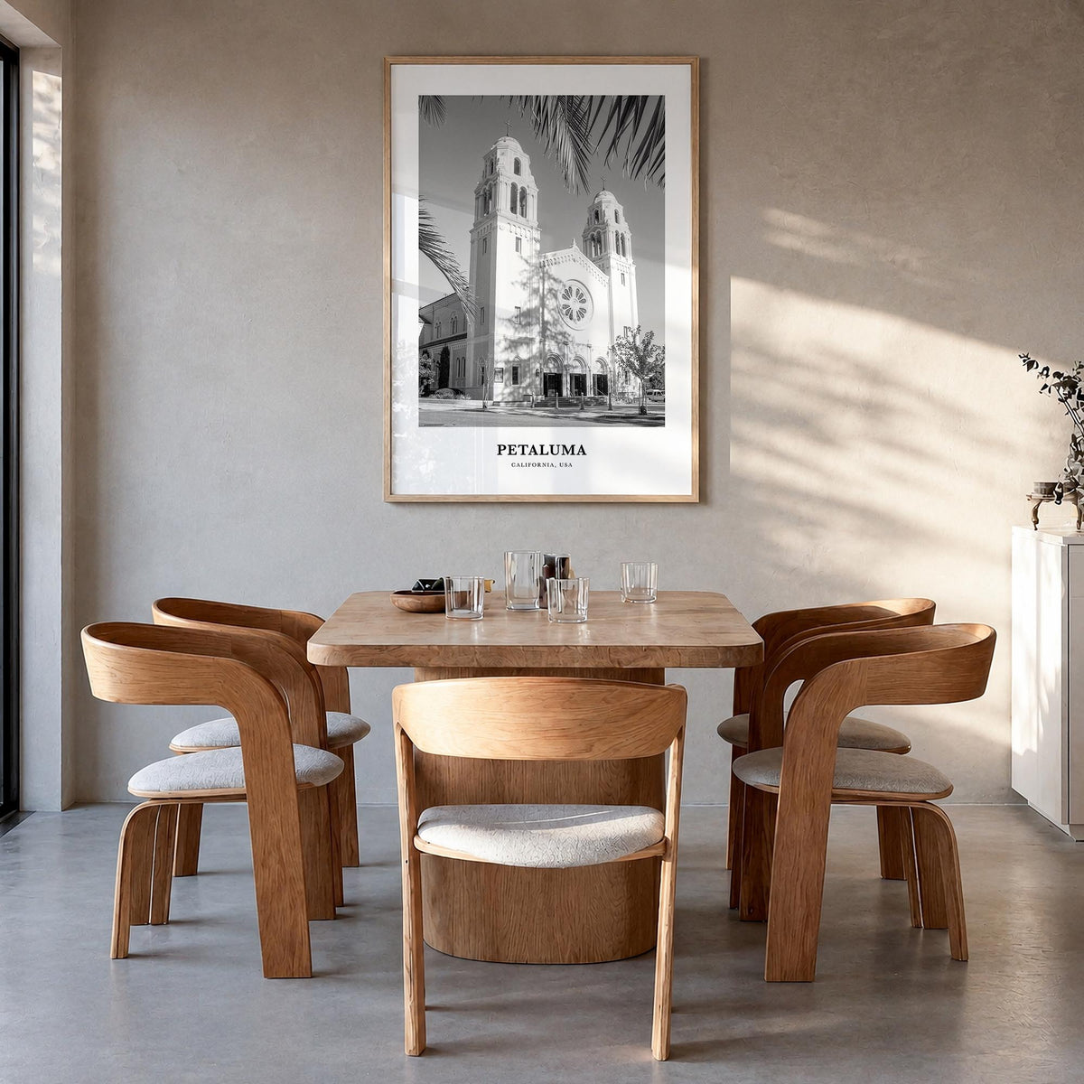 Petaluma black & white classic poster of California, USA – vertical wall art in natural wood frame, hanging on wall