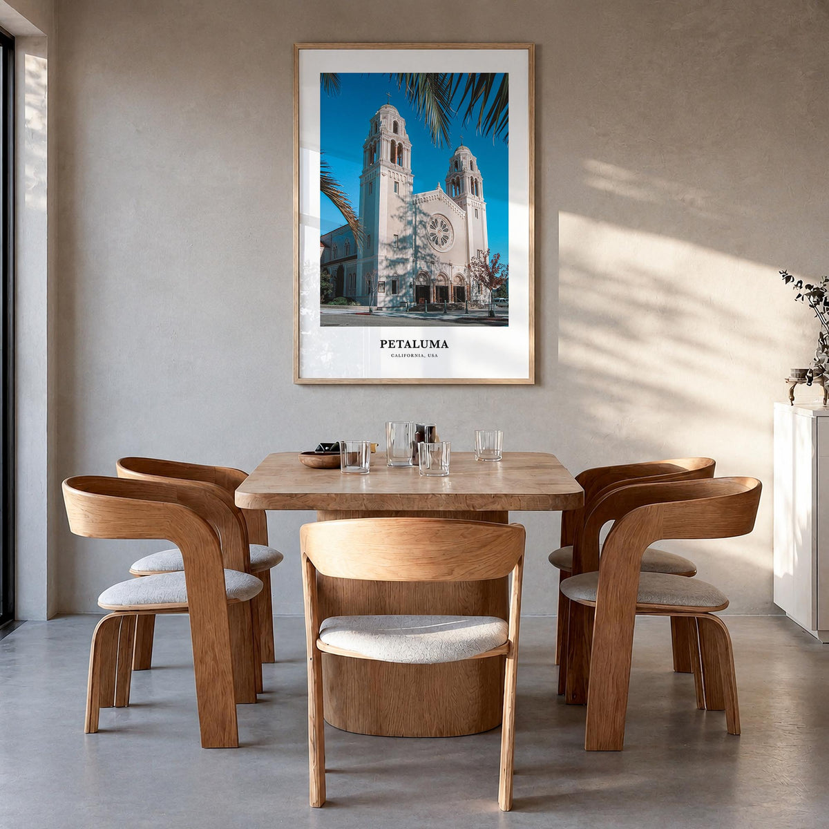 Petaluma colorful classic poster of California, USA – vertical wall art in natural wood frame, hanging on wall