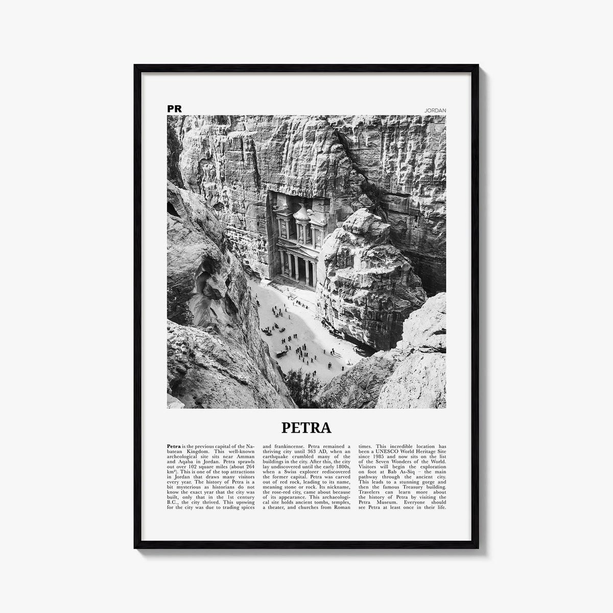 Petra black & white newspaper poster of Jordan – vertical wall art, unframed print shown in interior mockup