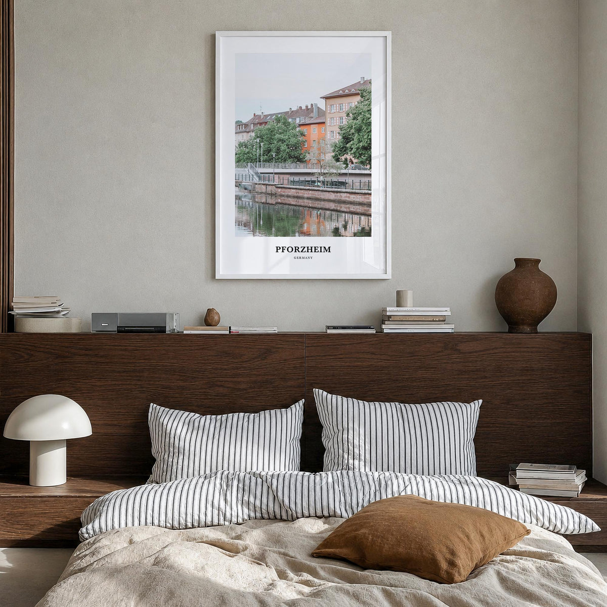 Pforzheim colorful classic poster of Germany – vertical wall art in white wood frame, hanging on wall