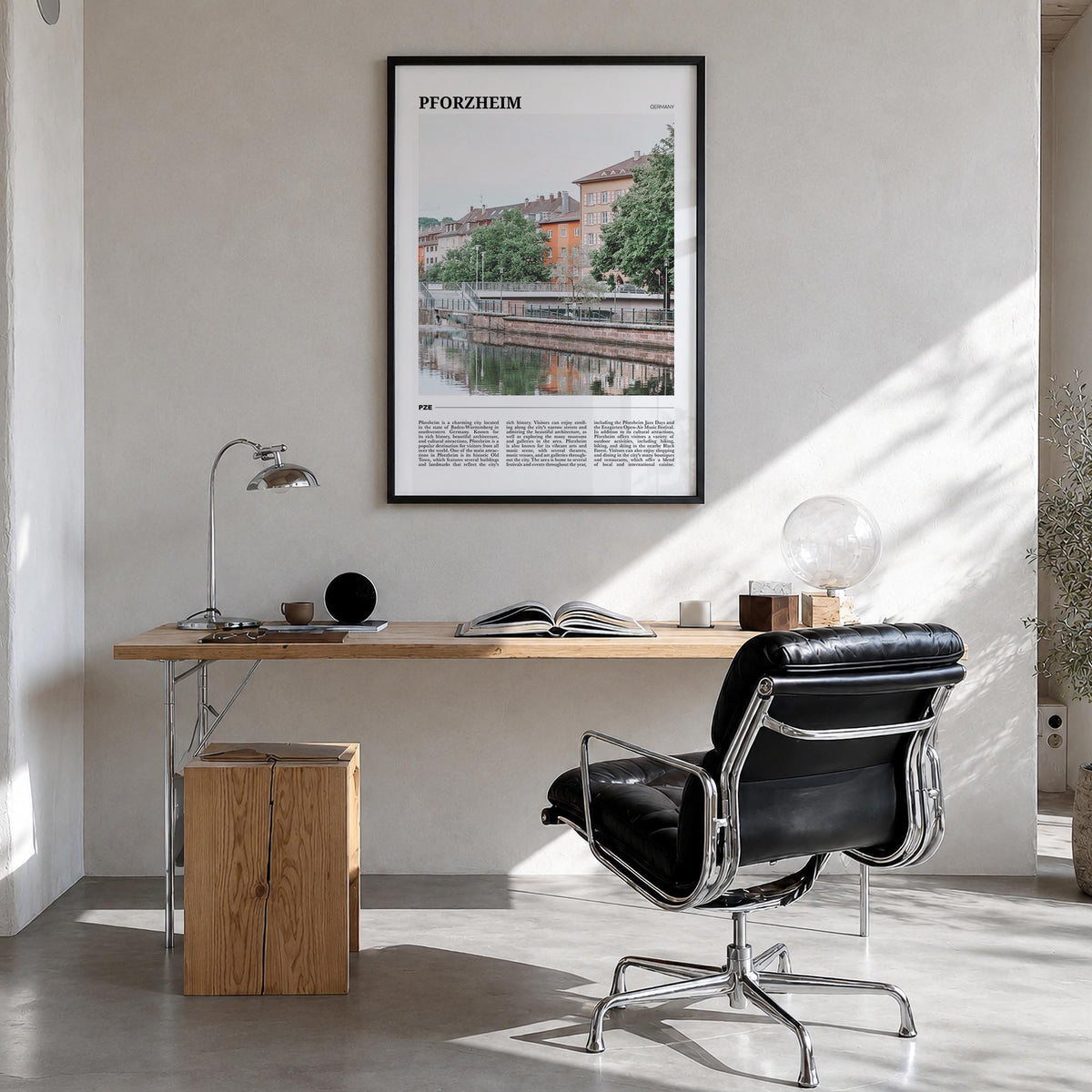 Pforzheim colorful travel poster of Germany – vertical wall art in black wood frame, hanging on wall