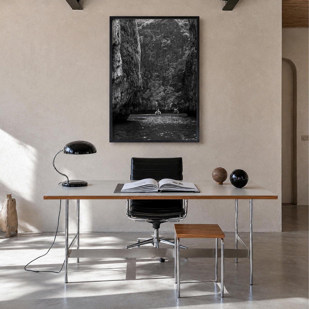 Phi Phi Islands black & white photo poster of Thailand – vertical wall art in black wood frame, hanging on wall