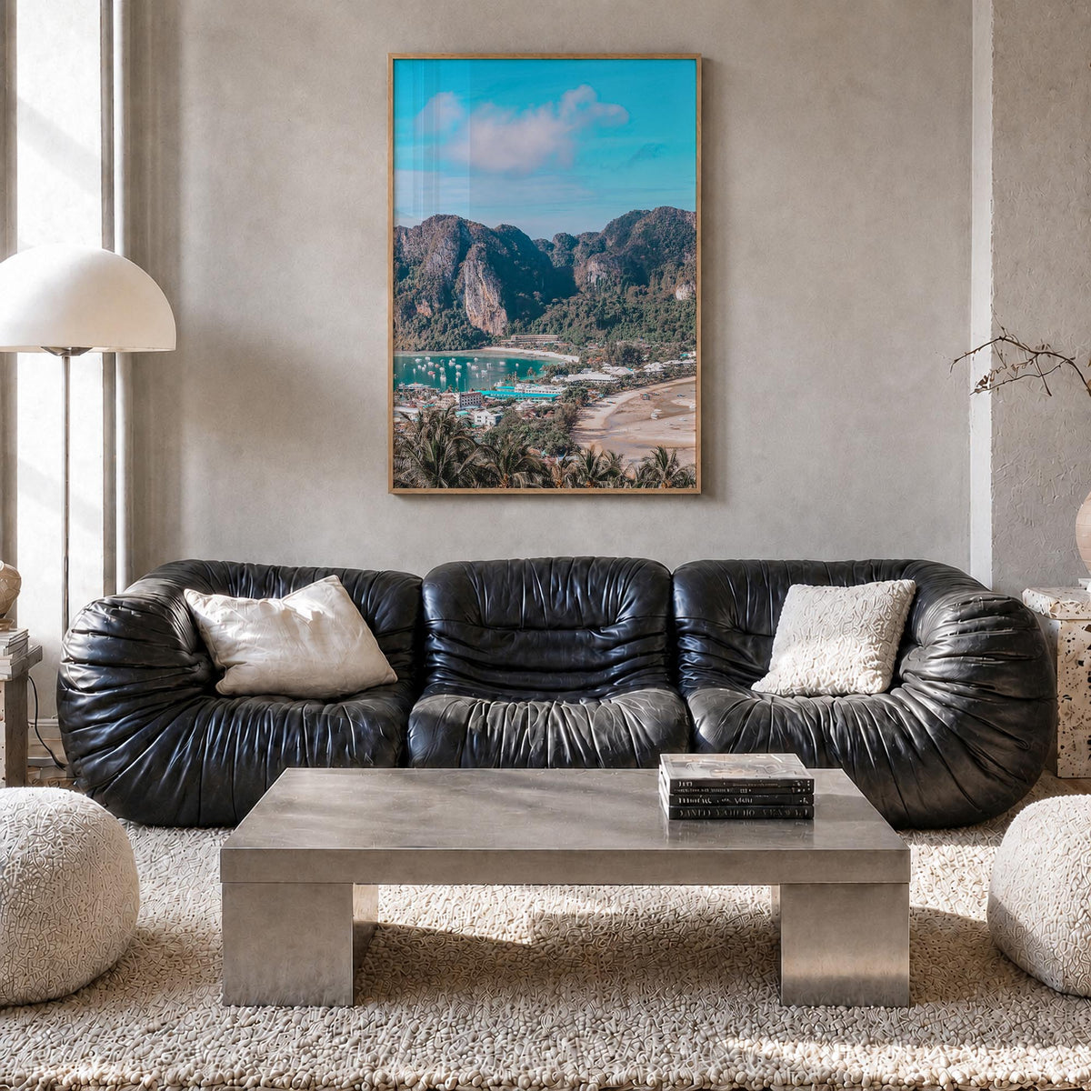 Phi Phi Islands colorful photo poster of Thailand – vertical wall art in natural wood frame, hanging on wall