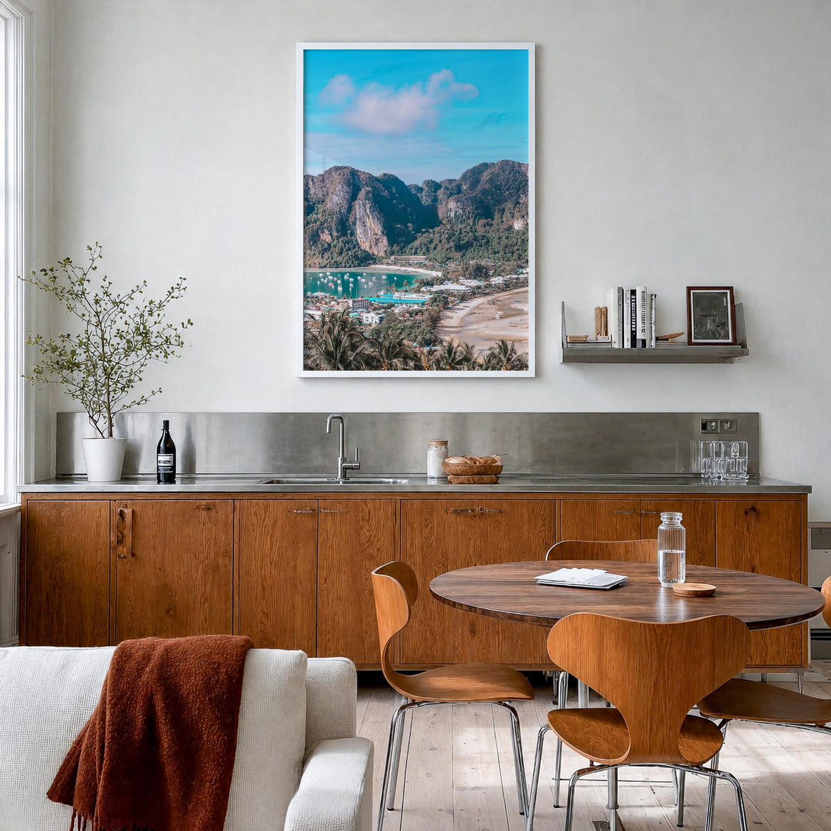 Phi Phi Islands colorful photo poster of Thailand – vertical wall art in white wood frame, hanging on wall