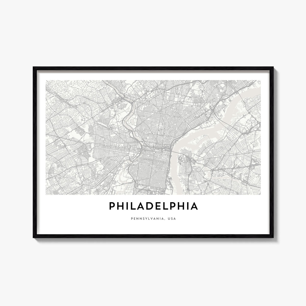 Philadelphia black & white map poster of Pennsylvania, USA – horizontal wall art, unframed print shown in interior mockup