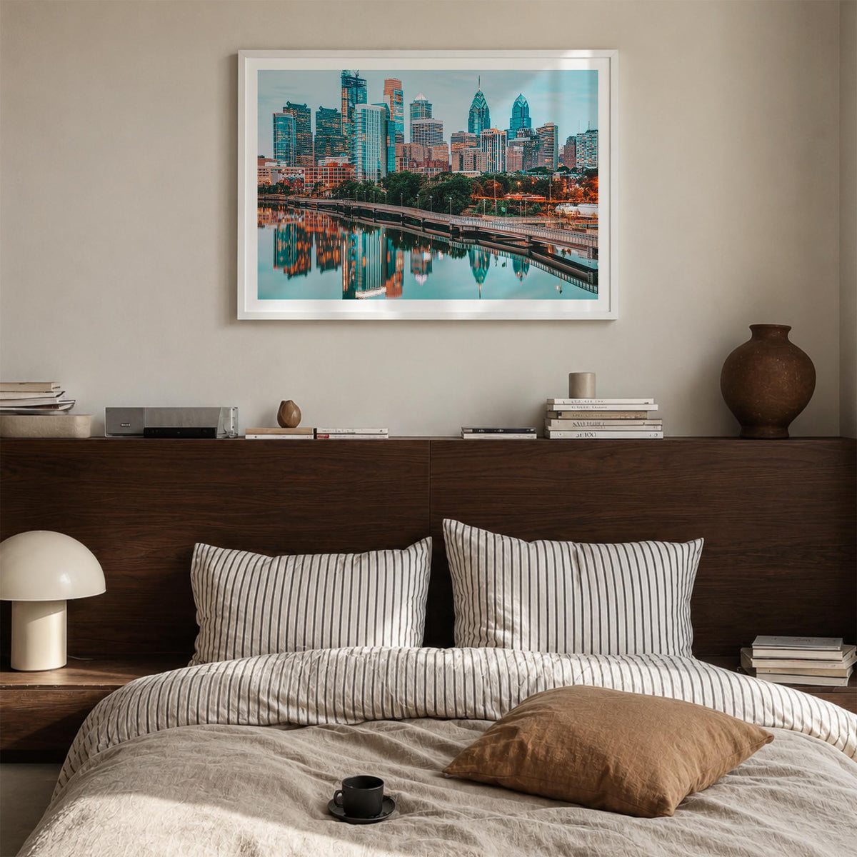 Philadelphia colorful photo poster of Pennsylvania, USA – horizontal wall art in white wood frame with white border, hanging